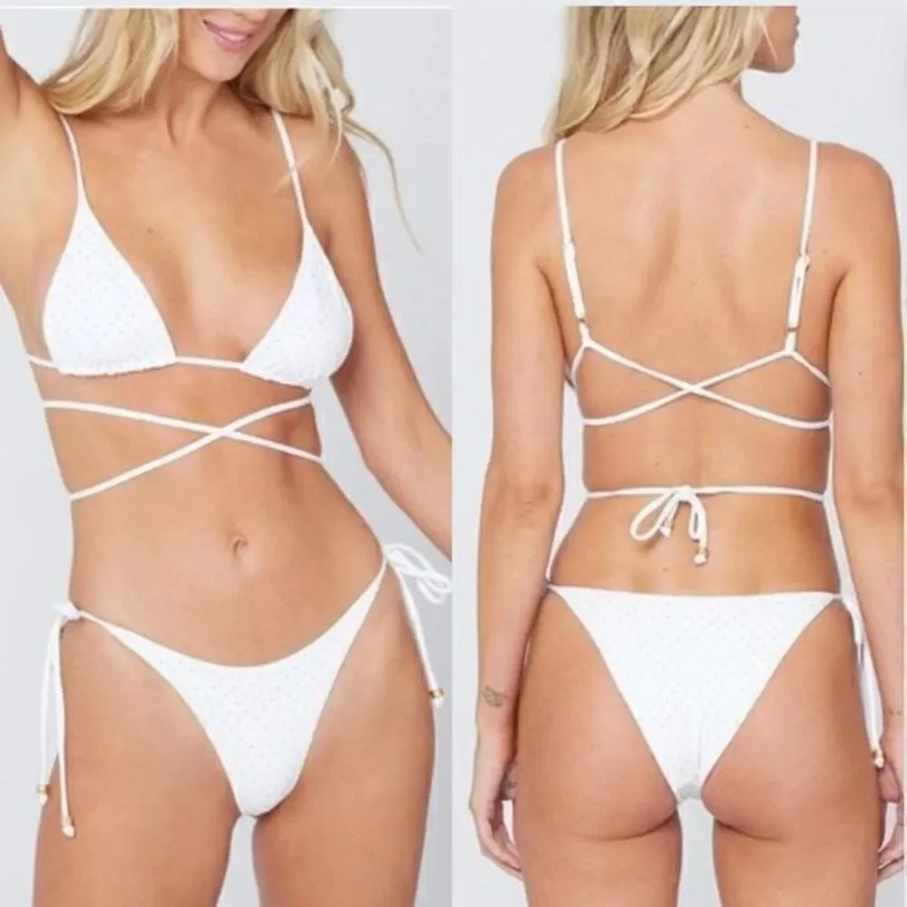 L*Space Revolve‎ Kara Bikini Wrap Top Extra Large White Gold Studded